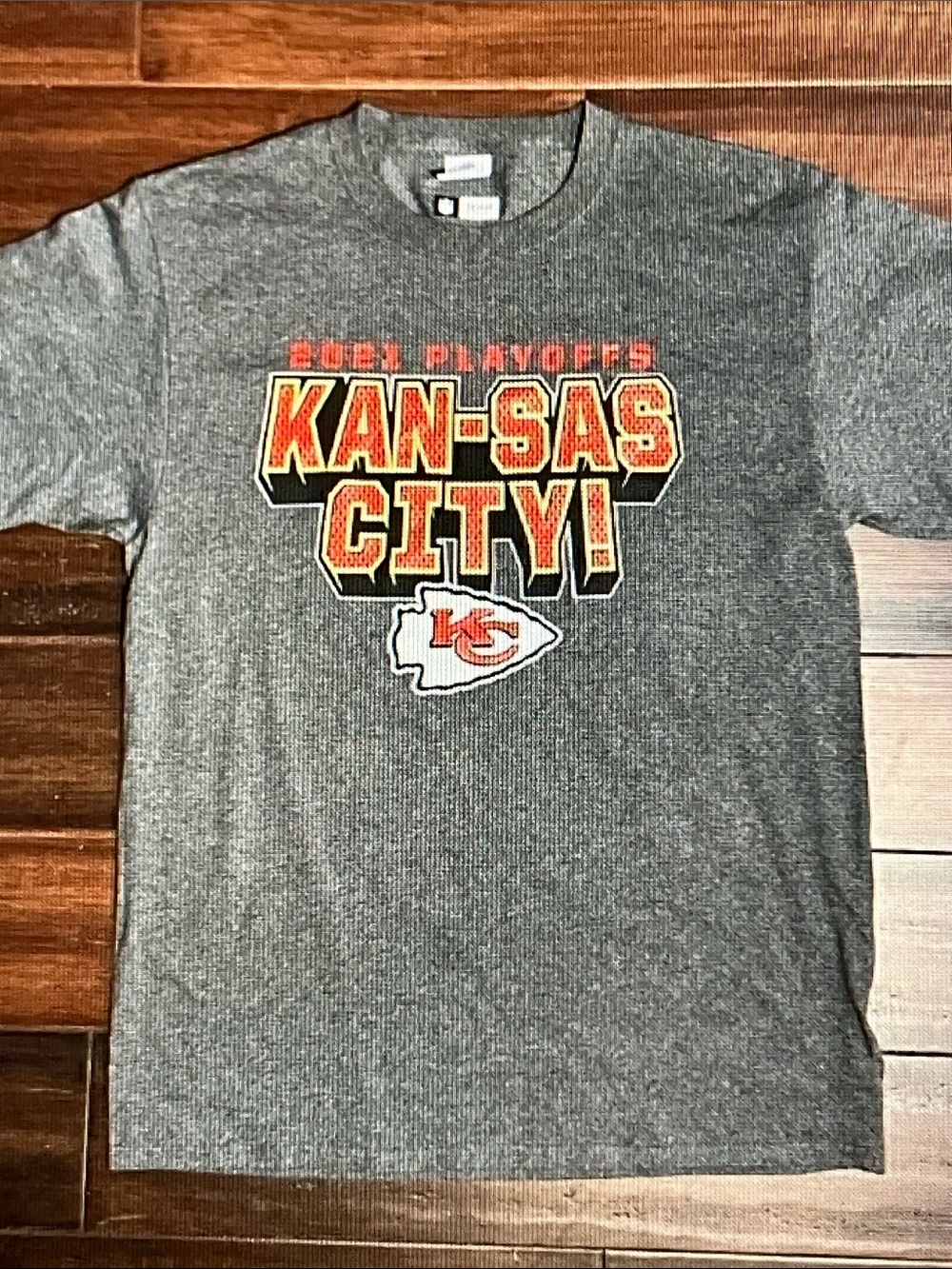 NFL Kansas City Heather Gray Playoffs Graphic Tee with Red and Gold Logo